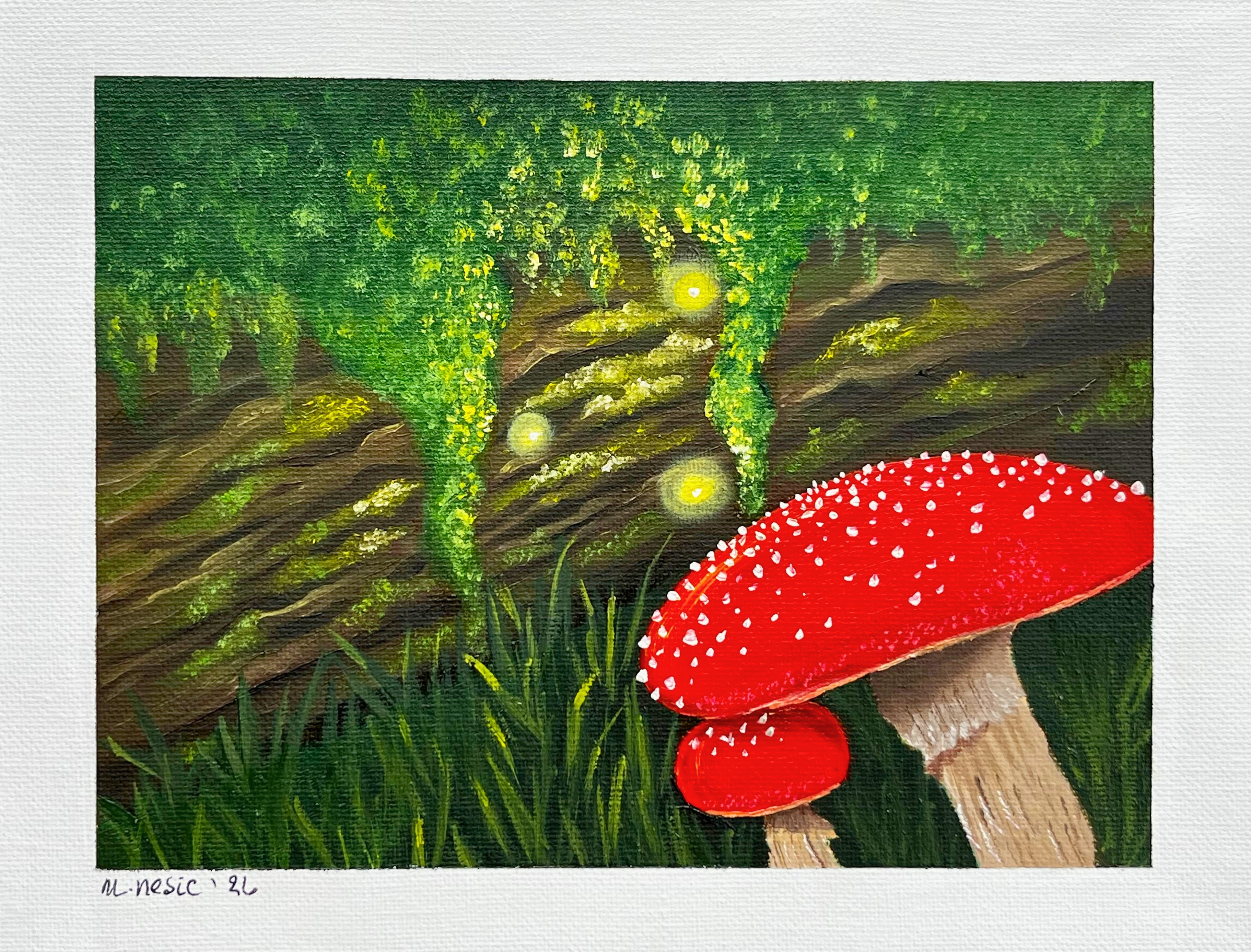 Amanita mushrooms among a mossy log and fireflies